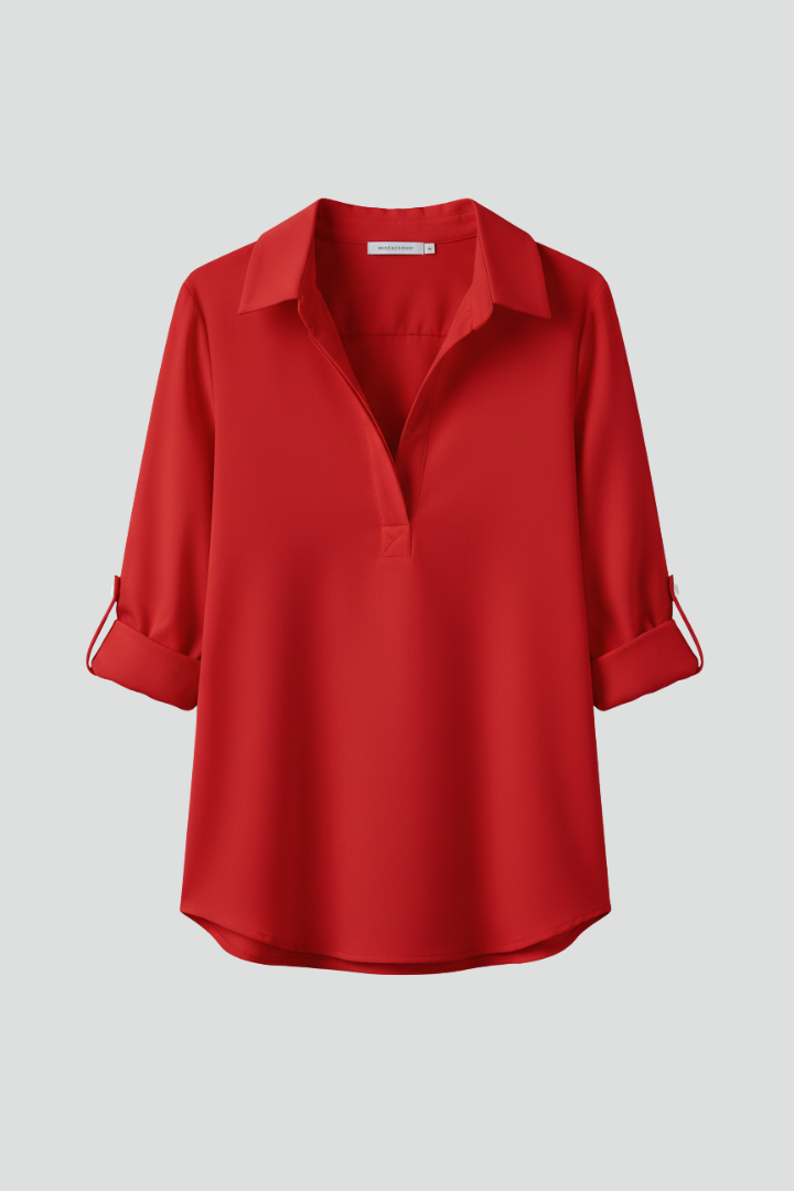 Chemisier Femme Uni Manches Retroussables Col Ouvert