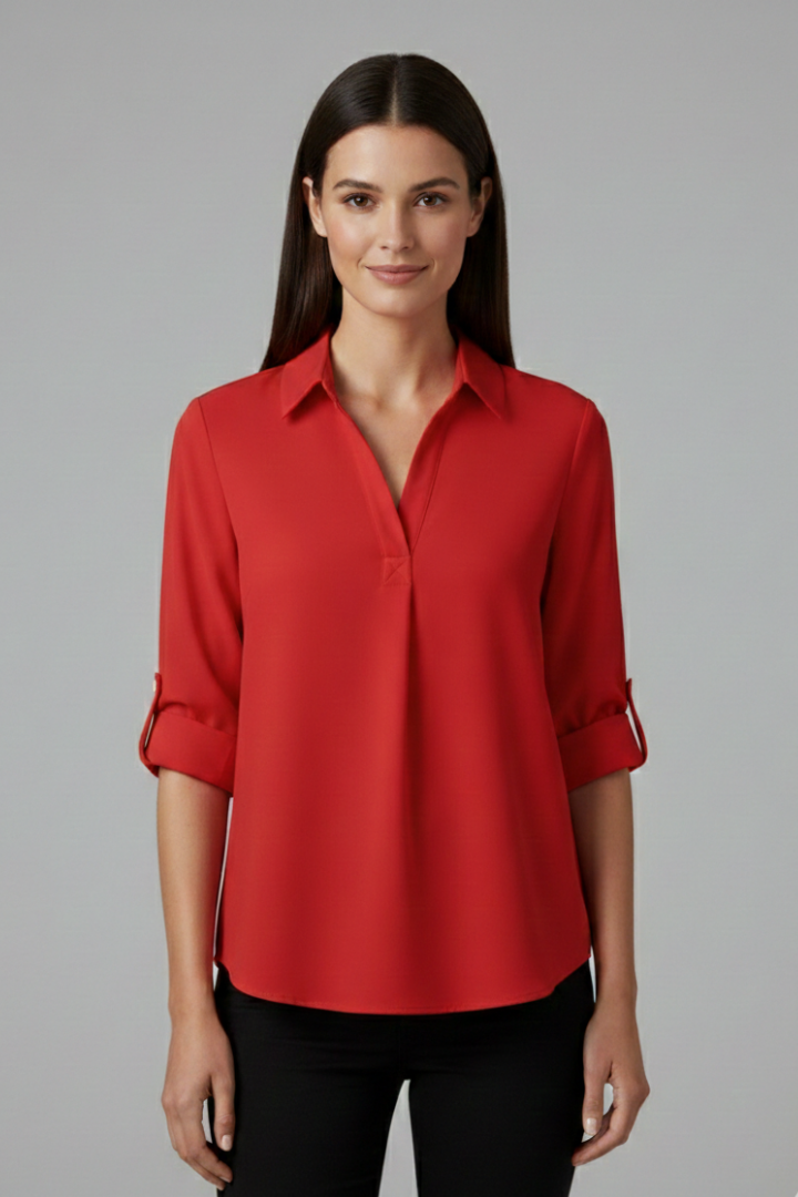 Chemisier Femme Uni Manches Retroussables Col Ouvert