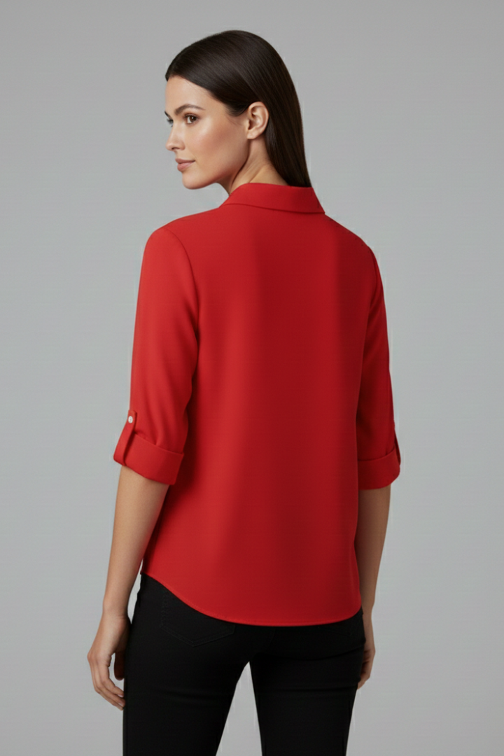Chemisier Femme Uni Manches Retroussables Col Ouvert