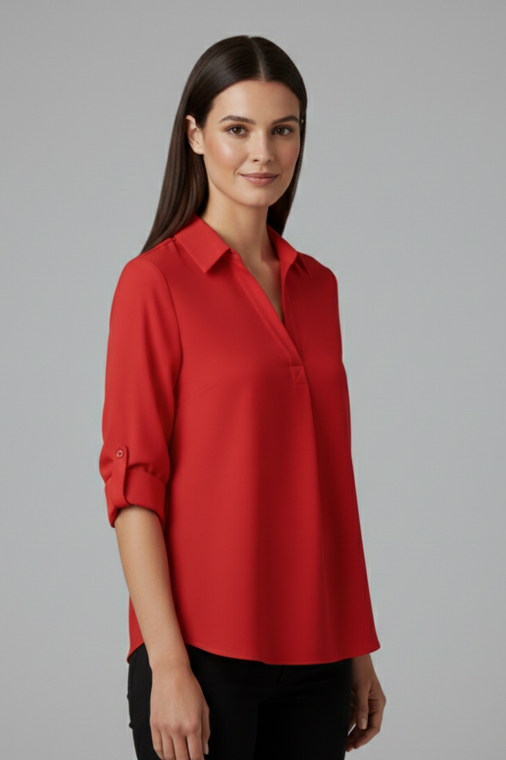 Chemisier Femme Uni Manches Retroussables Col Ouvert