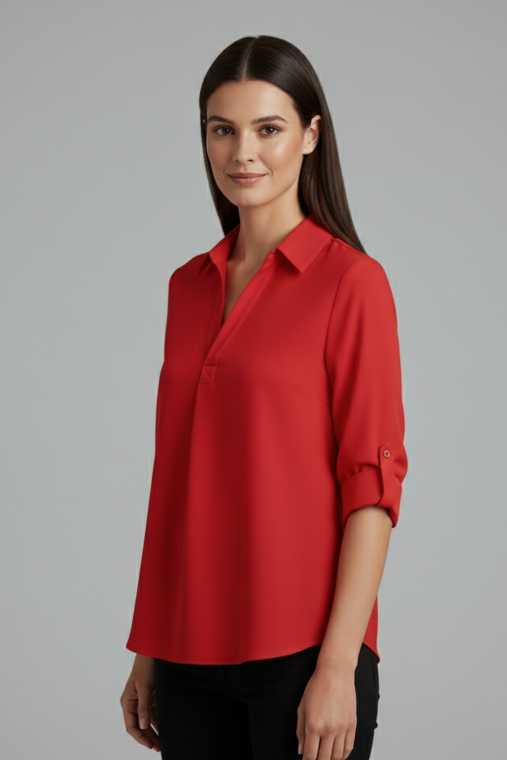 Chemisier Femme Uni Manches Retroussables Col Ouvert