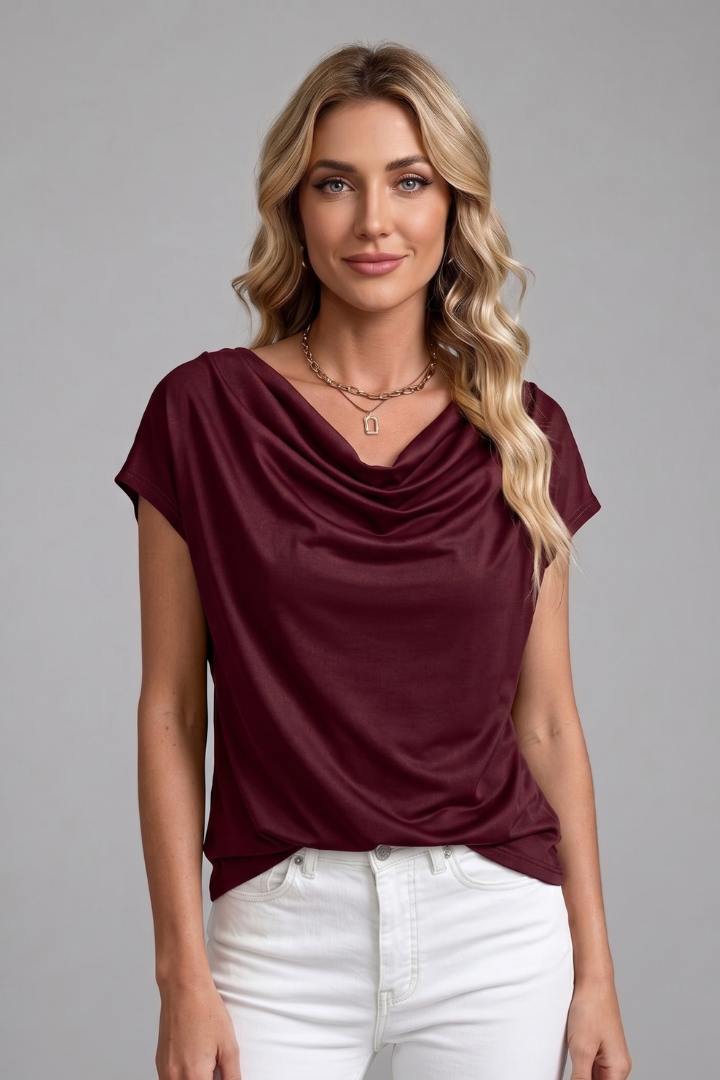 Haut Femme Élégant Drapé Col Bénitier