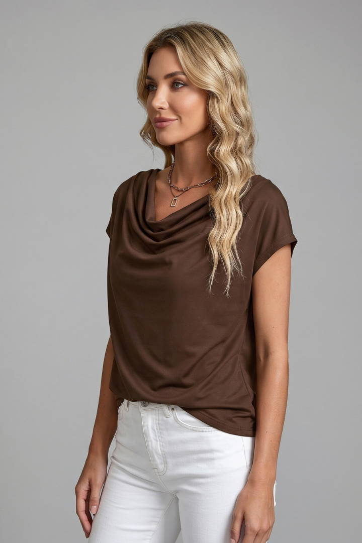 Haut Femme Élégant Drapé Col Bénitier