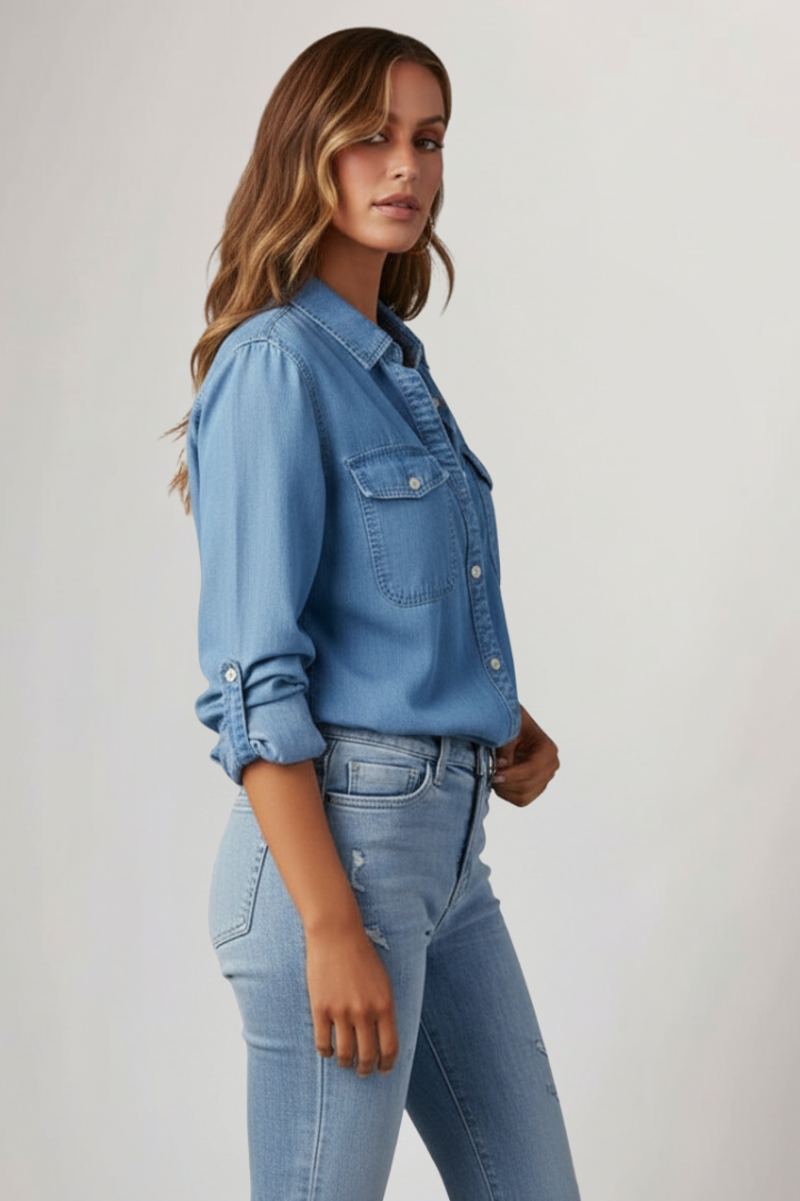 Chemisier Femme en Jean Manches Retroussables
