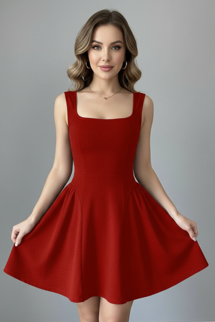 Robe Courte Femme Cocktail Évasée Col Carré