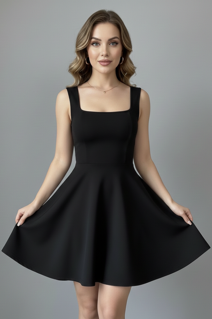 Robe Courte Femme Cocktail Évasée Col Carré