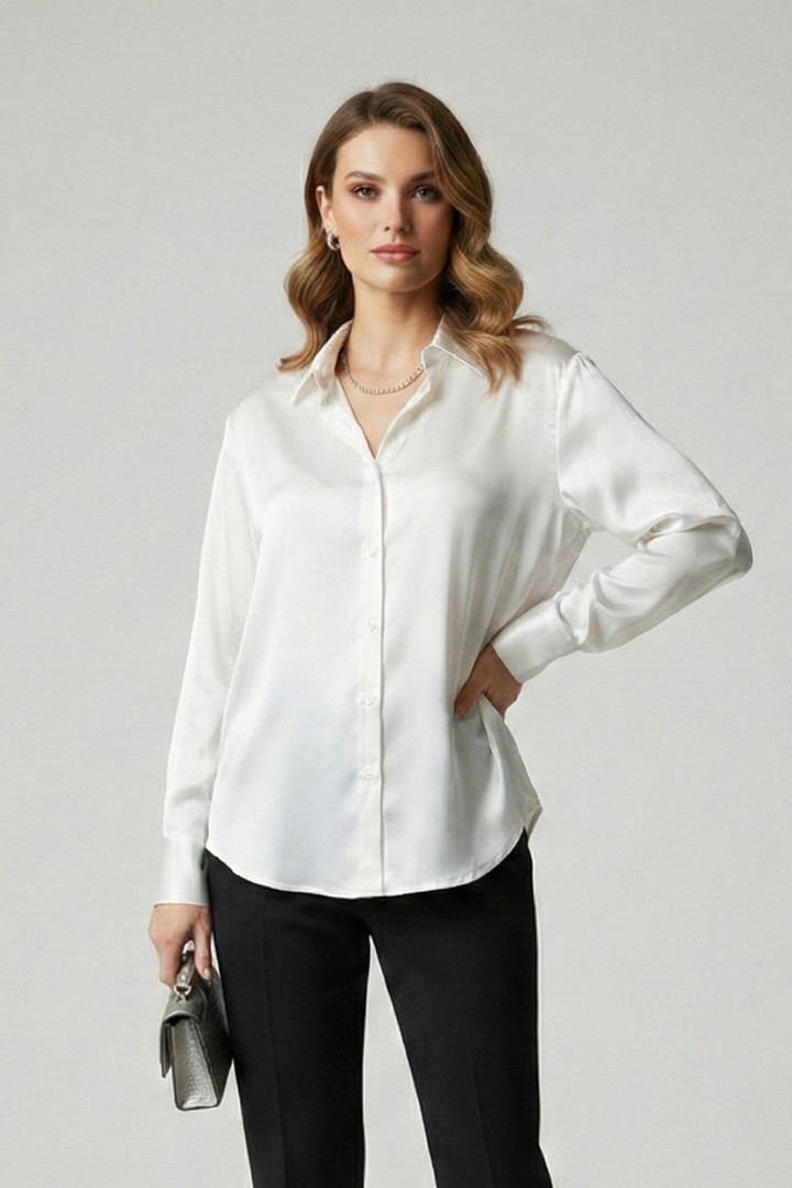 Chemisier Femme Satiné Boutonné Manches Longues