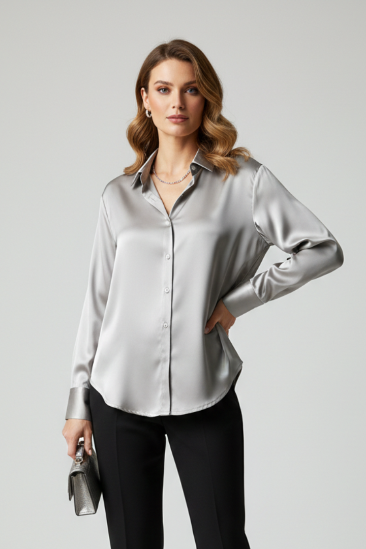 Chemisier Femme Satiné Boutonné Manches Longues