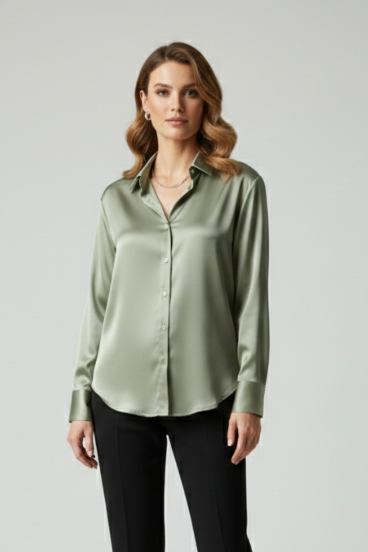 Chemisier Femme Satiné Boutonné Manches Longues