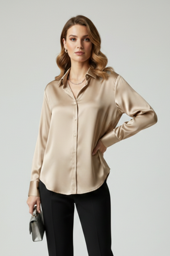 Chemisier Femme Satiné Boutonné Manches Longues
