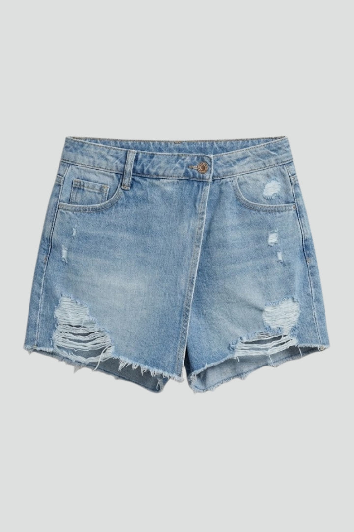 Short en Jean Femme Déchiré à Ourlet Effiloché