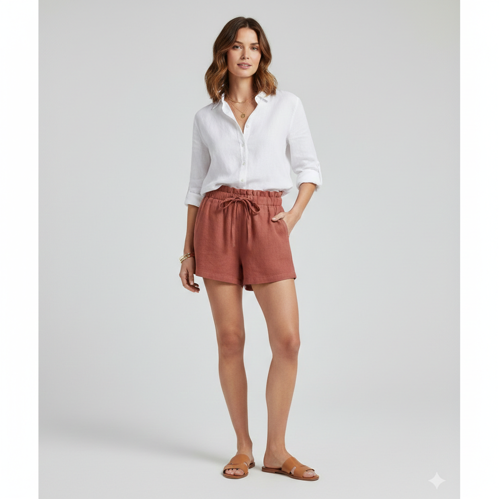 Short Femme Taille Haute à Volants et Cordon
