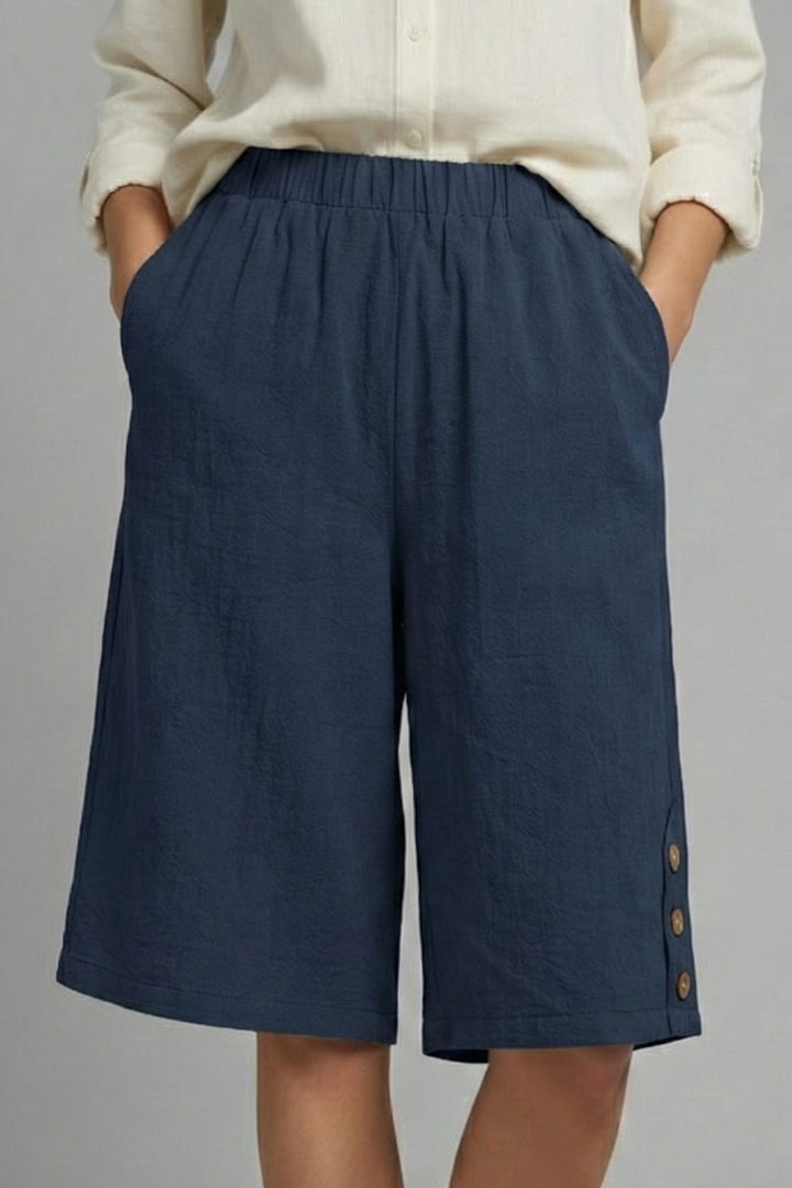 Bermuda Femme Taille Élastique à Boutons Décoratifs