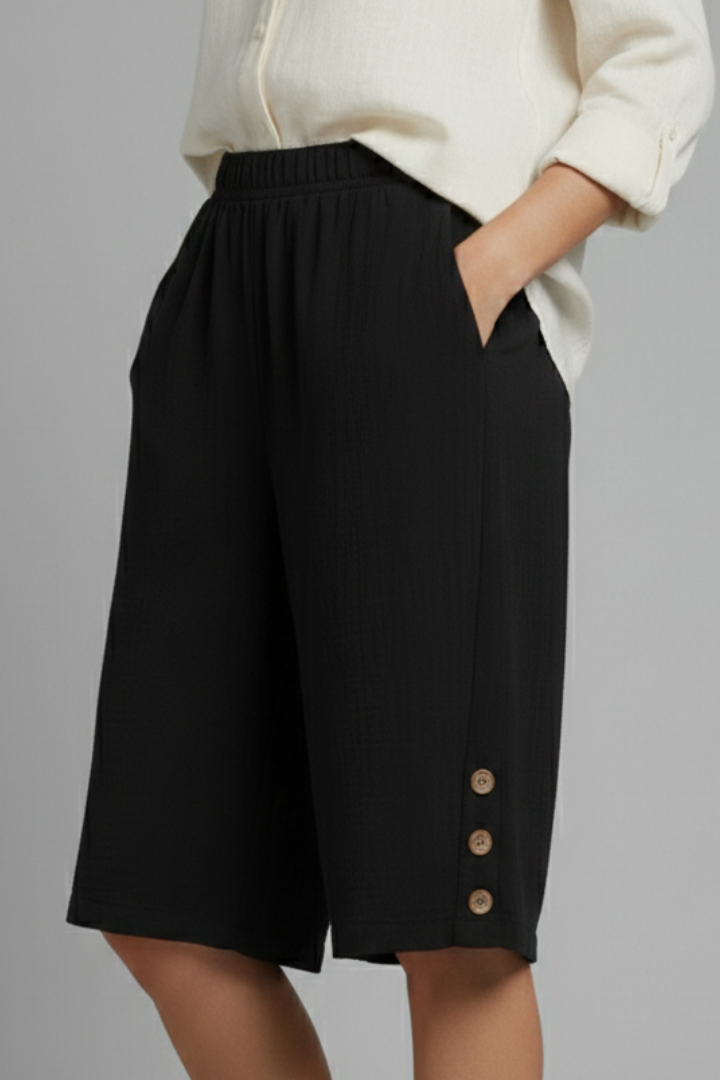 Bermuda Femme Taille Élastique à Boutons Décoratifs