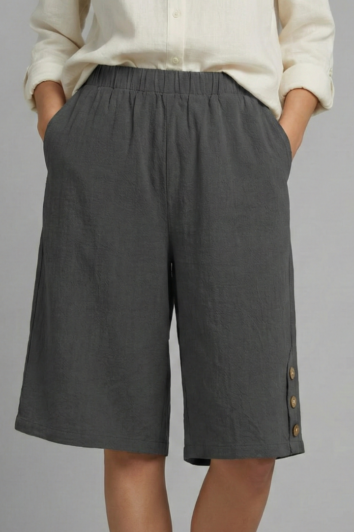 Bermuda Femme Taille Élastique à Boutons Décoratifs