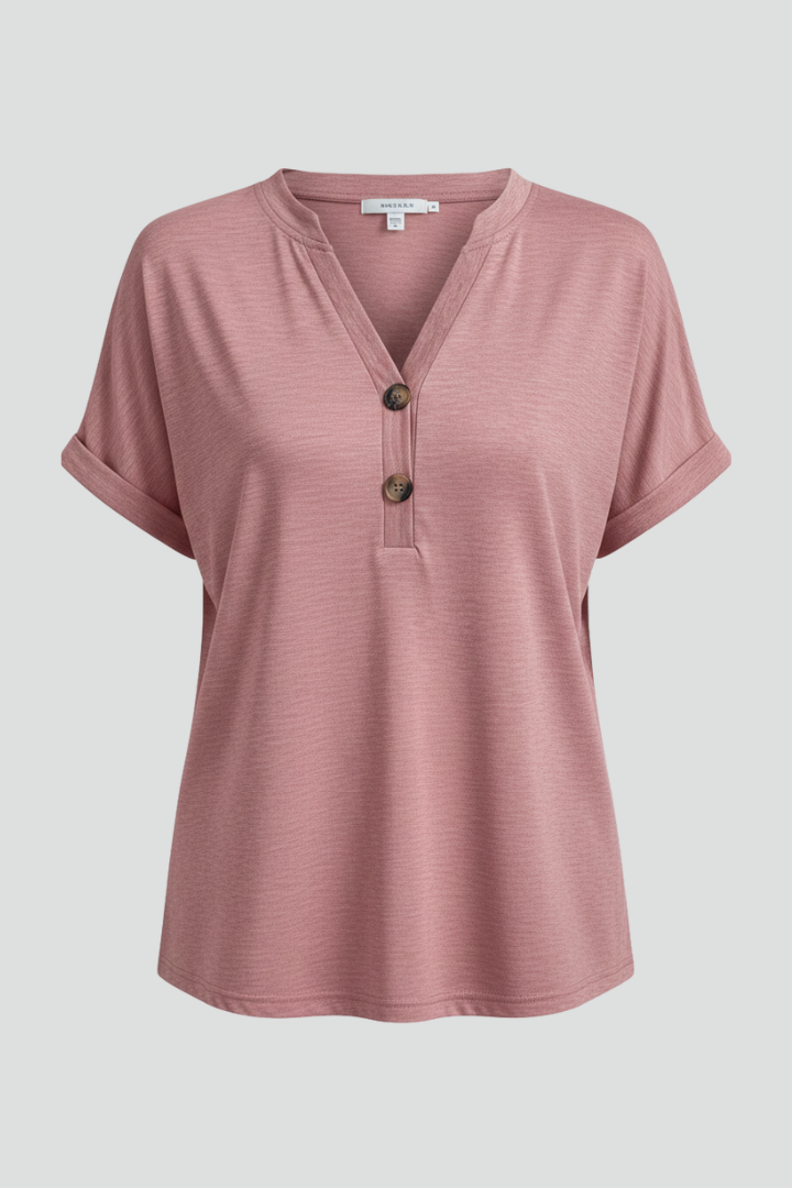 T-Shirt Femme Col V Boutonné Manches Courtes