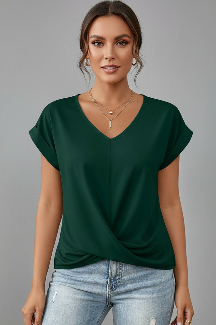 Top Femme Col V Noué Manches Courtes