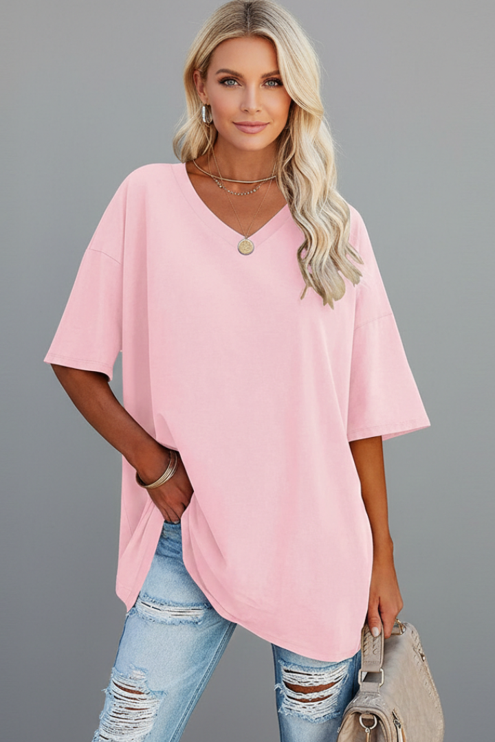 T-Shirt Femme Col V Ample Manches Courtes