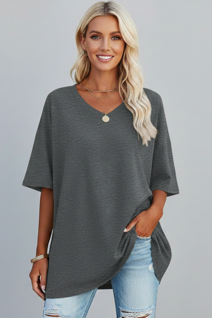 T-Shirt Femme Col V Ample Manches Courtes