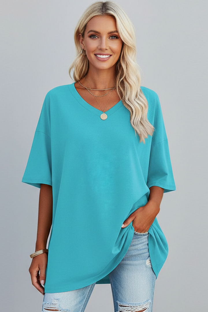 T-Shirt Femme Col V Ample Manches Courtes