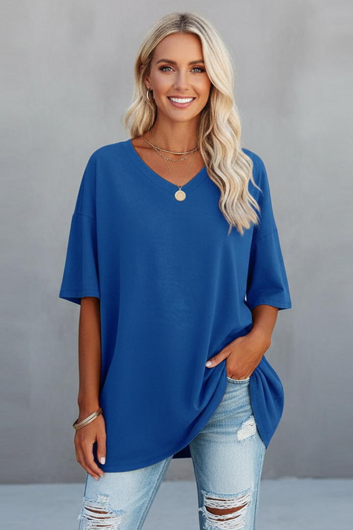 T-Shirt Femme Col V Ample Manches Courtes