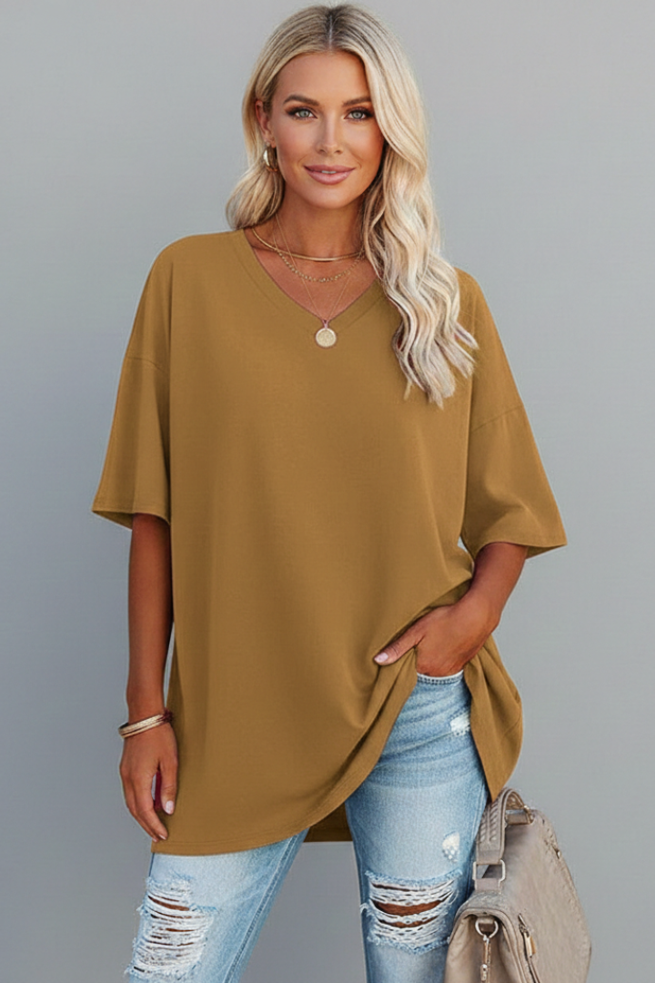 T-Shirt Femme Col V Ample Manches Courtes
