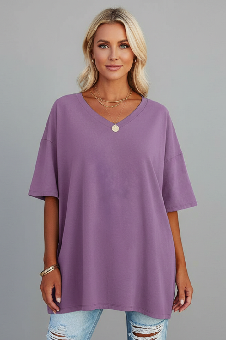T-Shirt Femme Col V Ample Manches Courtes