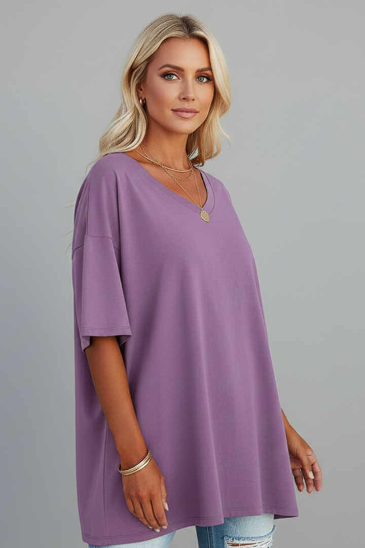 T-Shirt Femme Col V Ample Manches Courtes