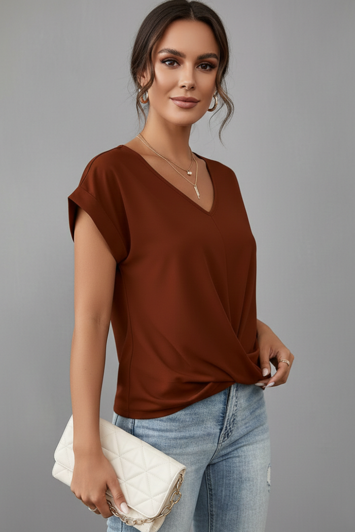 Top Femme Col V Noué Manches Courtes