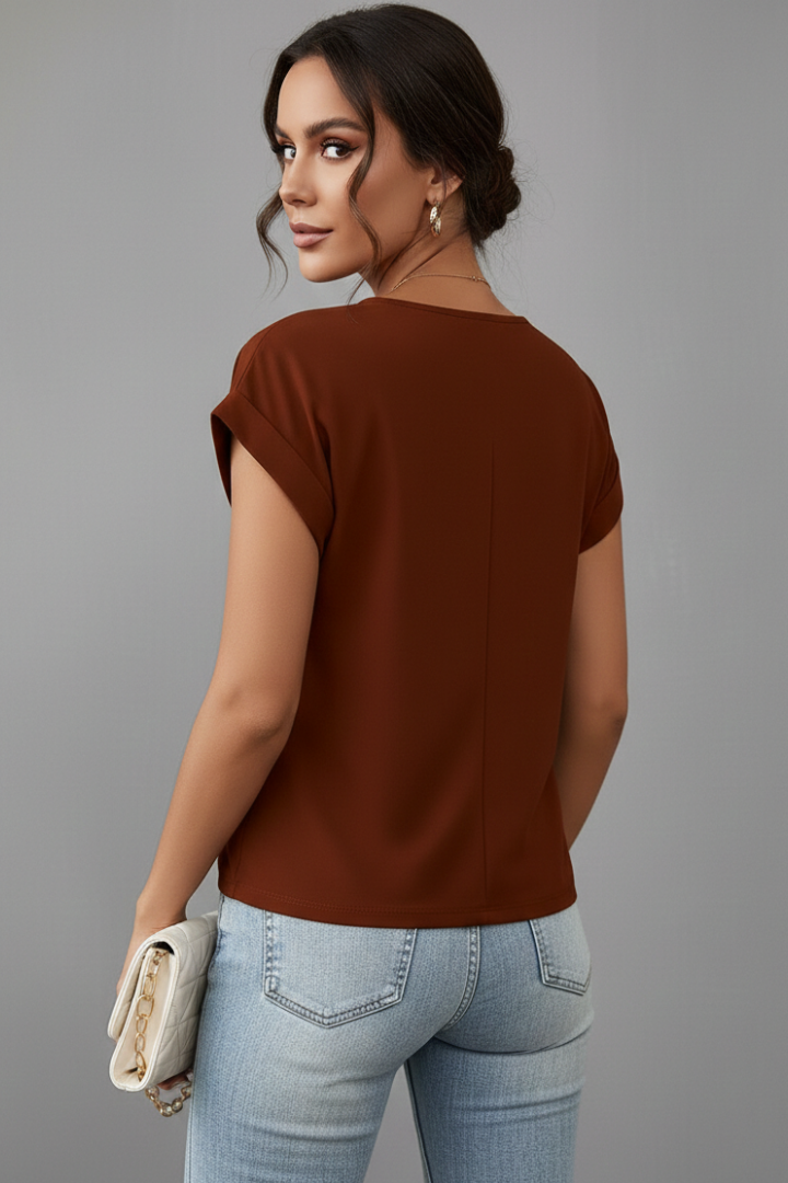 Top Femme Col V Noué Manches Courtes
