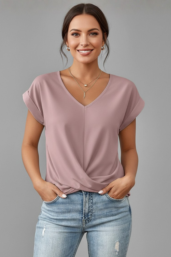 Top Femme Col V Noué Manches Courtes