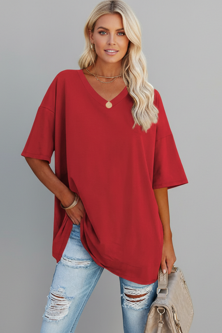 T-Shirt Femme Col V Ample Manches Courtes