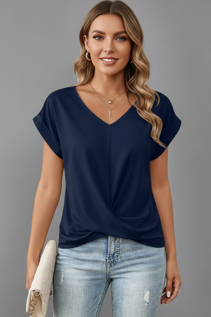 Top Femme Col V Noué Manches Courtes