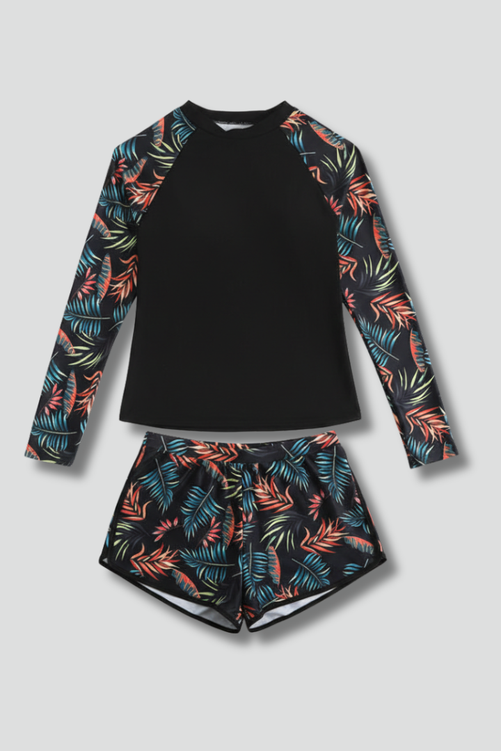 Maillot de bain femme deux pièces imprimé tropical manches longues