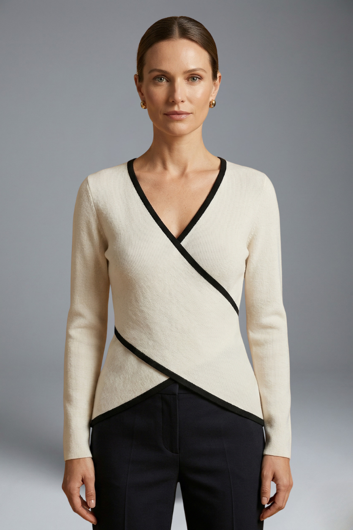 Pull Cache-Cœur Femme Chic Bicolore Ajusté