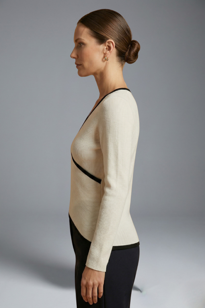 Pull Cache-Cœur Femme Chic Bicolore Ajusté